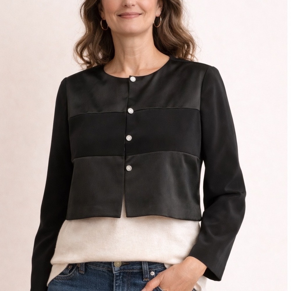 Jones New York Dress Womens 12 Black Cropped Jacket Rhinestone Buttons Bolero